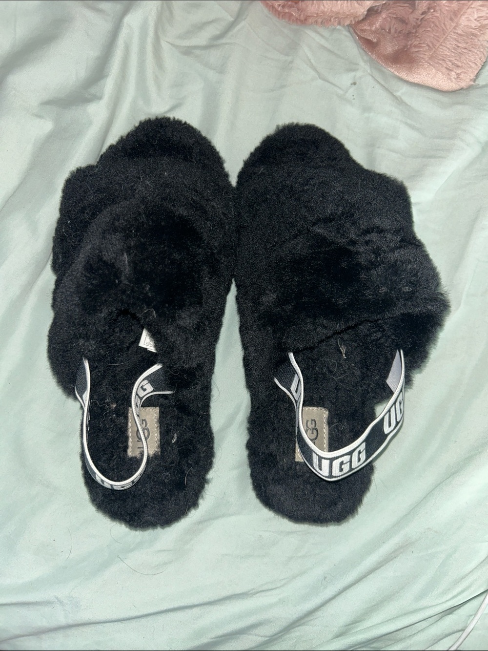 UGG Black Fluffy Slide Slippers with Branded Heel Strap